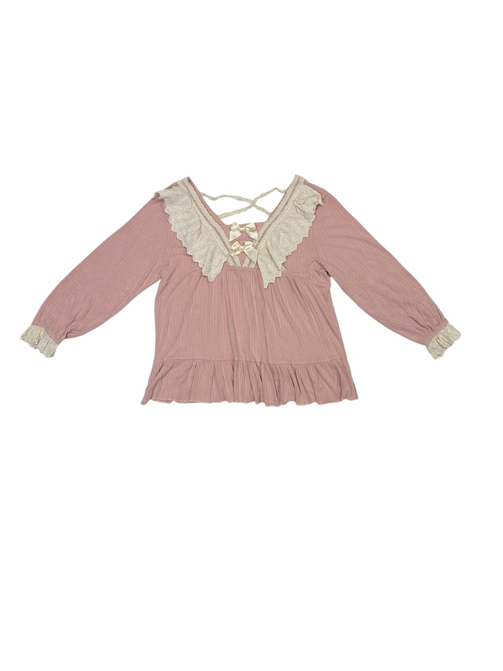 Vintage Cottage Core Romantic Ruffle Lace-Trim Pink Long Sleeve Shirt SZ:Large